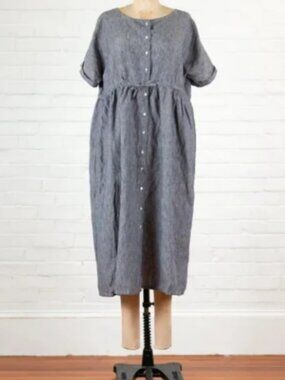 Artemesia French Linen Midi Dress – Lagenlook – Granite Gray – Size XS
